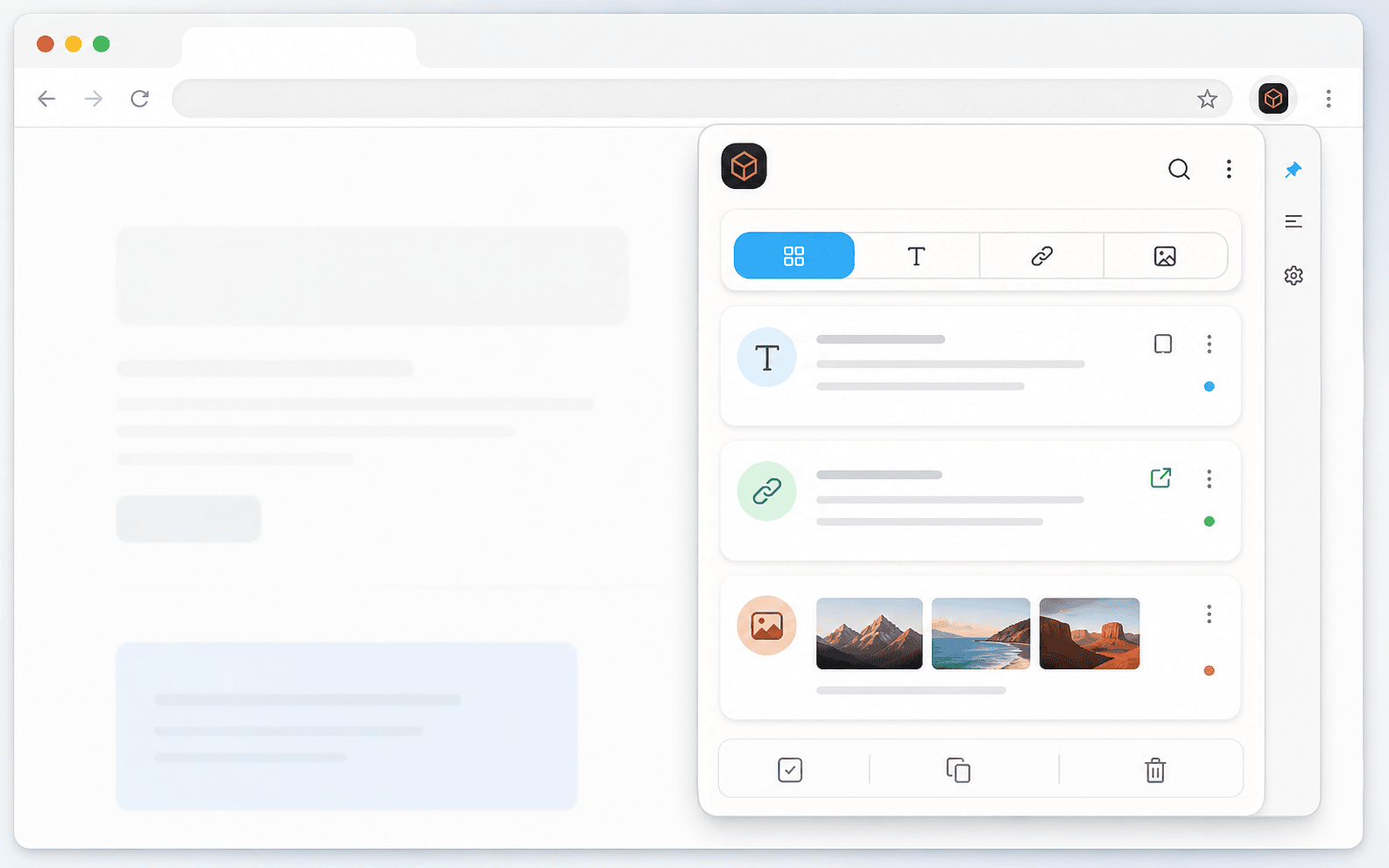 Generated Side Stash mockup showing type filters in the side panel